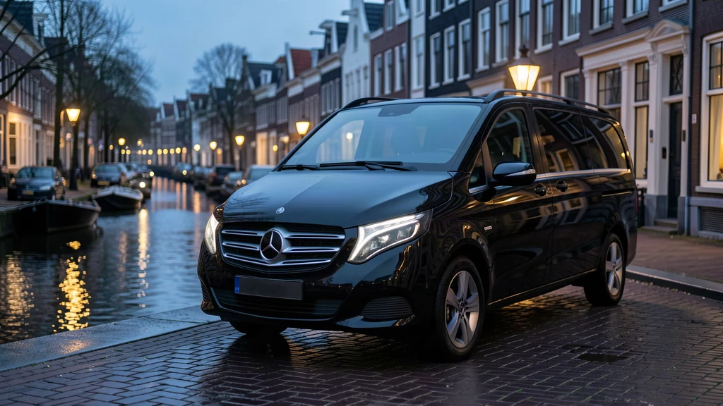 Zwarte Mercedes-Benz V 250 uit 2018 aan een Amsterdamse gracht